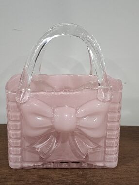 Pink Bow Glass Handbag Vase With Clear Handles Glossy
